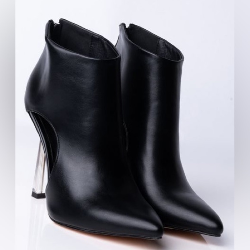 Azalea Wang Sexy Black Leather Cut Out Stiletto Ankle Boots - Picture 3 of 6